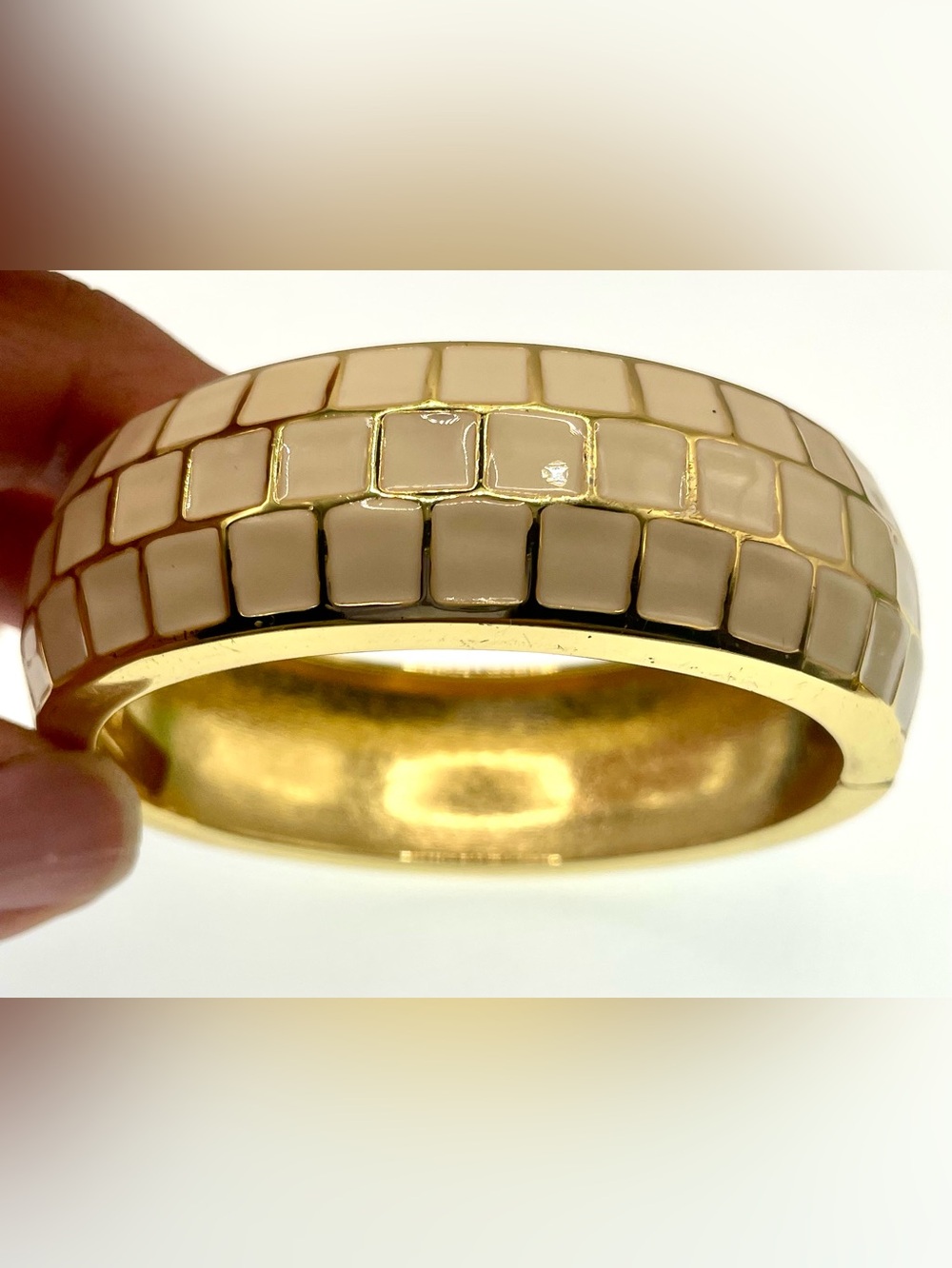 Vintage 1990s Gold Tone Cream Enamel Geometric Clamper Bracelet 2 3/8”
